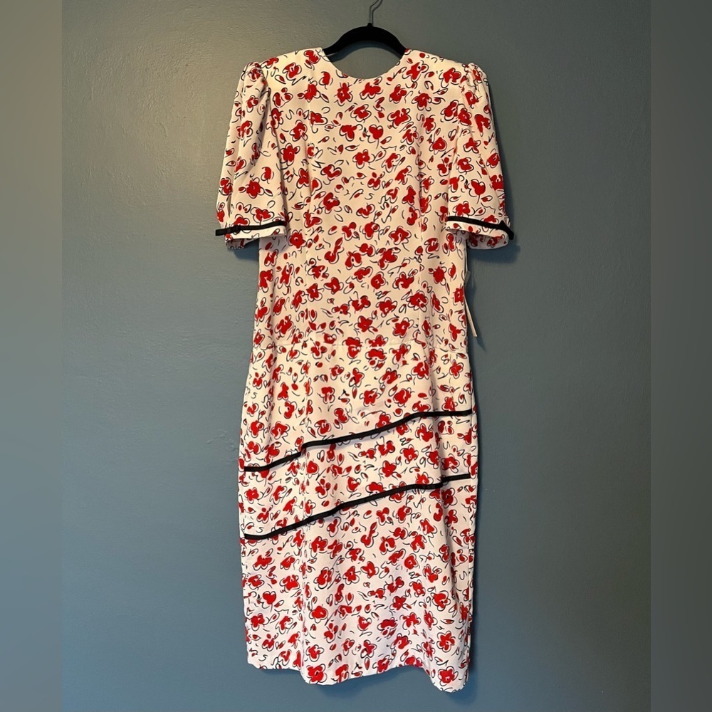 Vintage Dress white red black floral print, tiered skirt, shoulder pads, sz 12